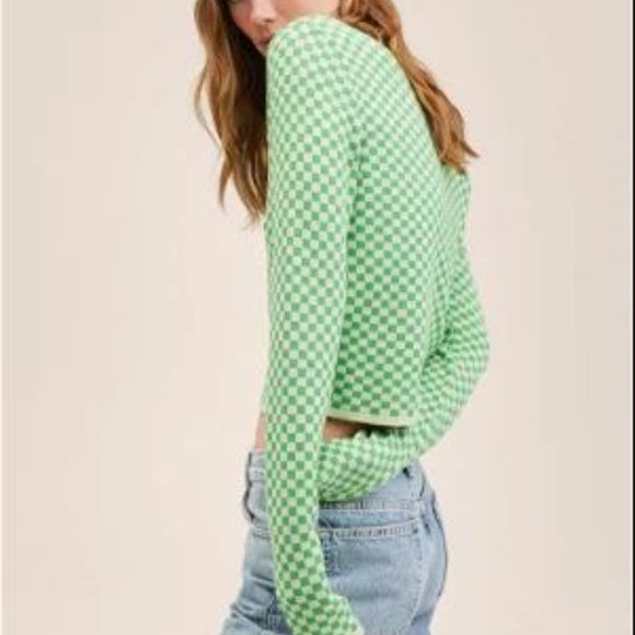 Mango Green Checkered Cropped Knit Sweater - Picture 2 of 6